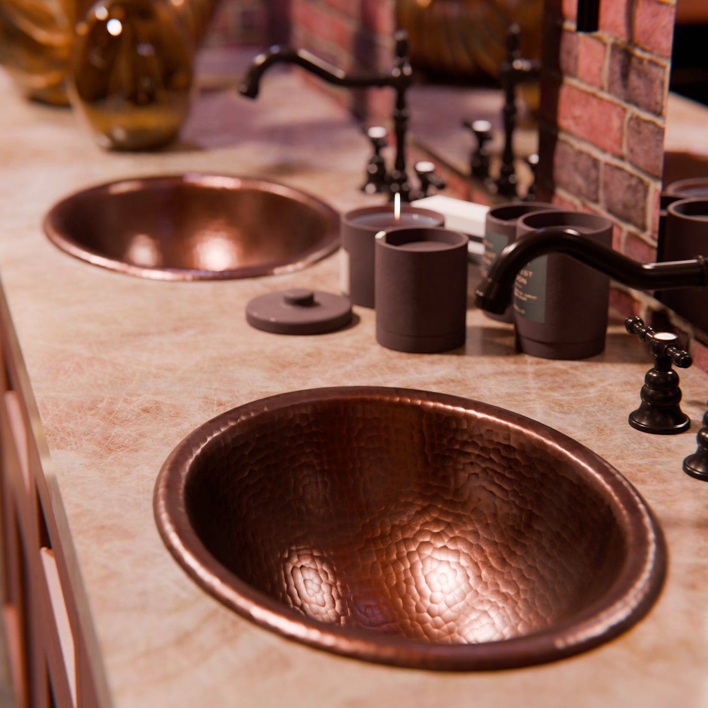Oval rolled rim copper drop-in bathroom sink by Novatto with antique finish, shown in a traditional bathroom setting.