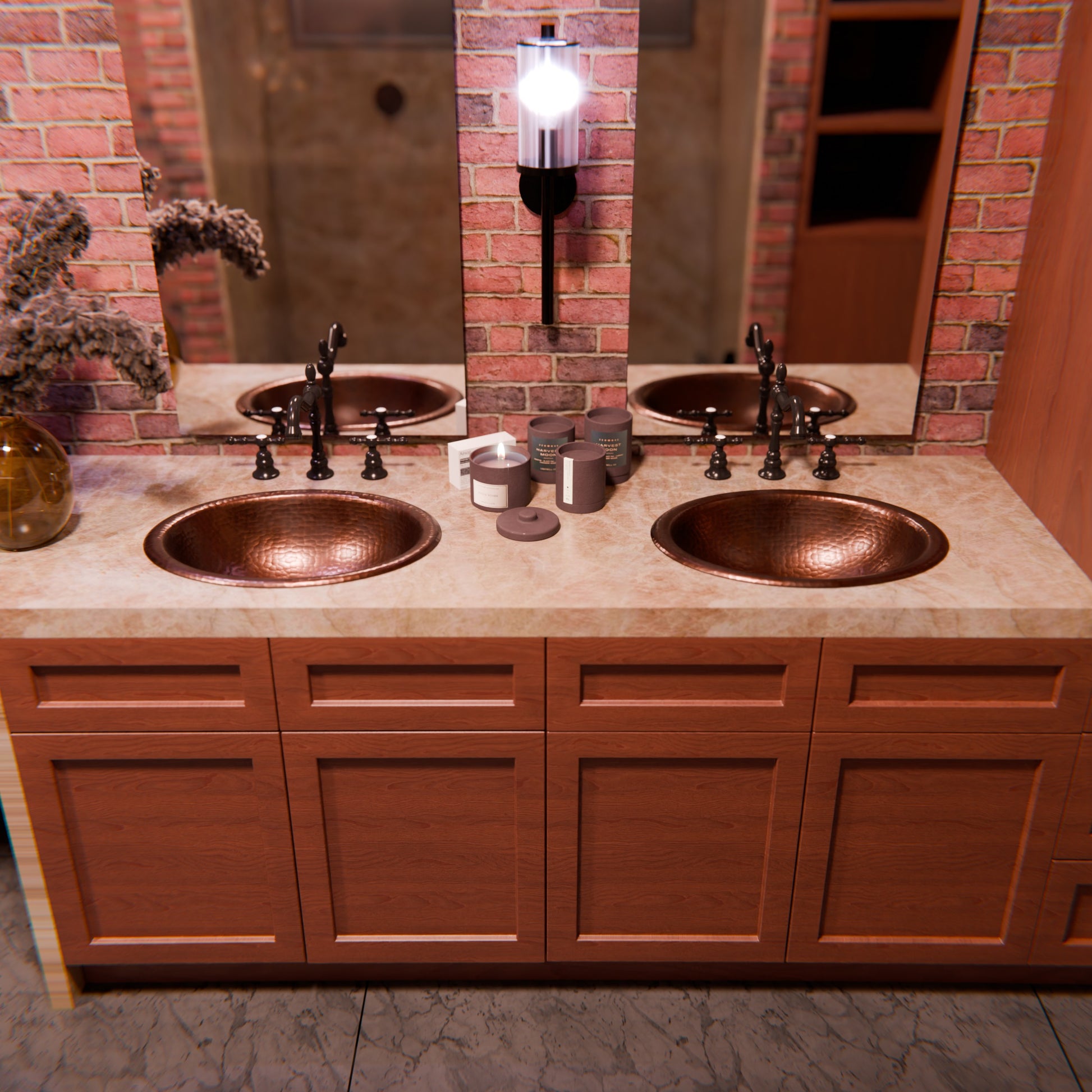 Traditional oval copper drop-in bathroom sink with rolled rim in antique finish by Novatto, shown in a classic bathroom setting