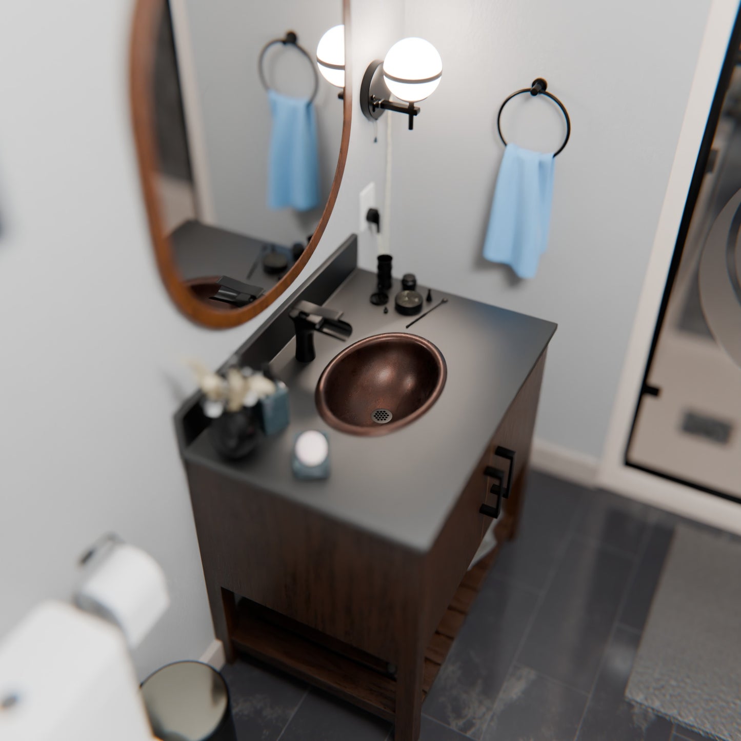 Small oval copper drop-in bath sink by Novatto, antique finish, transitional style with dark copper accents, suitable for bathroom use.