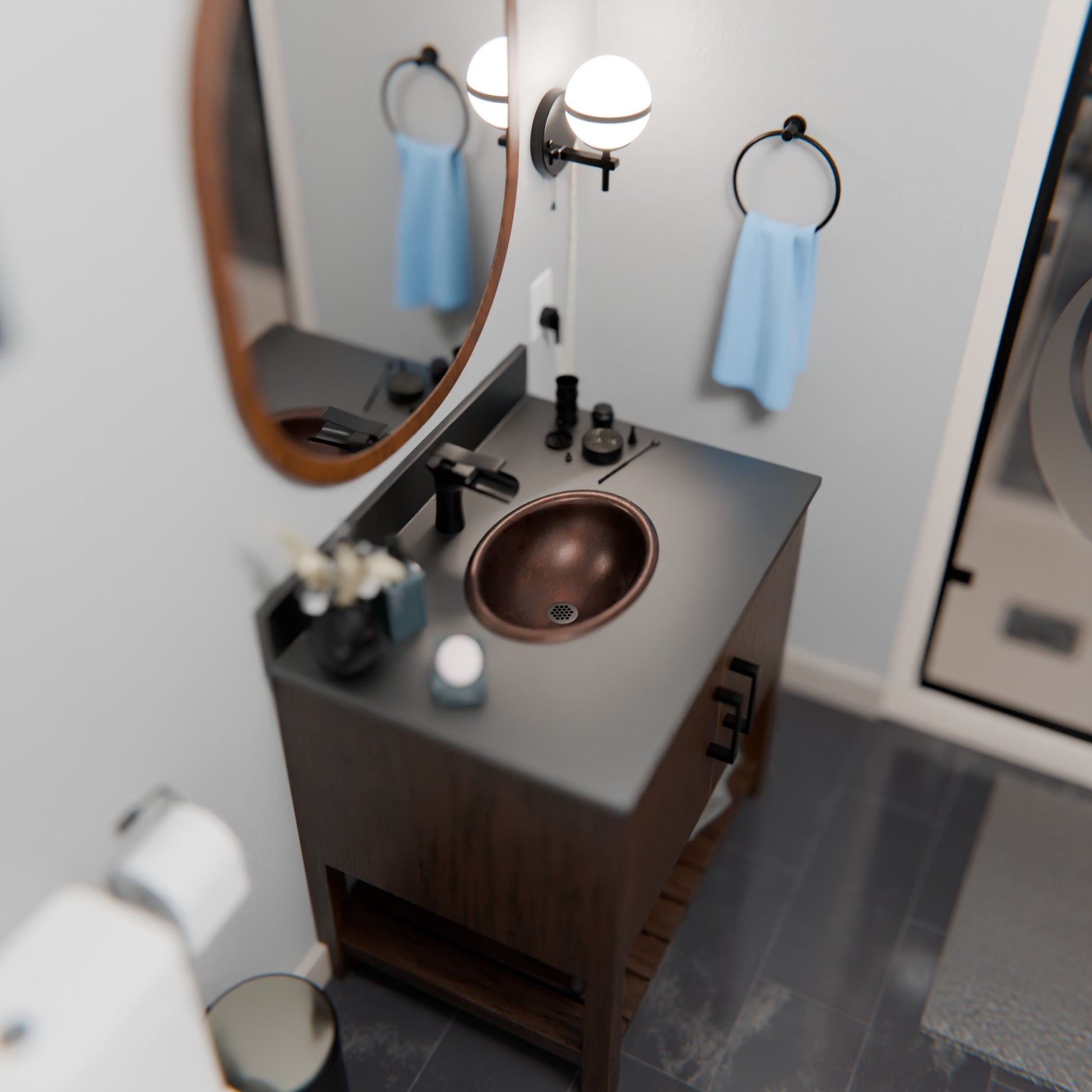 Small oval copper drop-in bath sink by Novatto, antique finish, transitional style with dark copper accents, suitable for bathroom use.