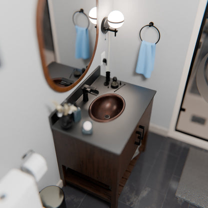 Small oval copper drop-in bath sink by Novatto, antique finish, transitional style with dark copper accents, suitable for bathroom use.