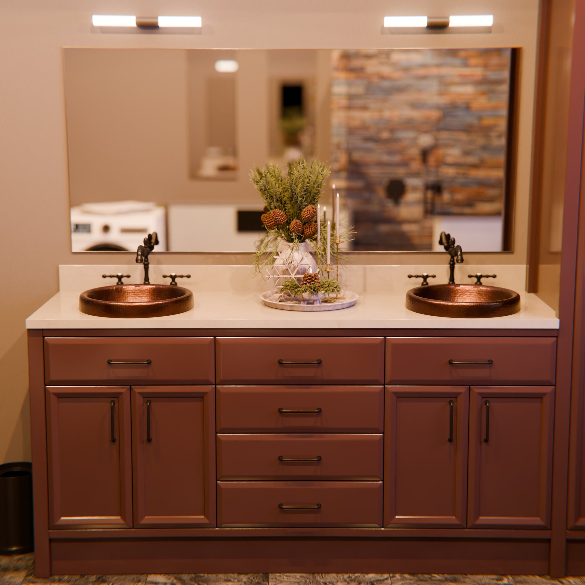 Round copper drop-in bathroom sink by Novatto with antique finish, traditional style, shown in a close-up image.