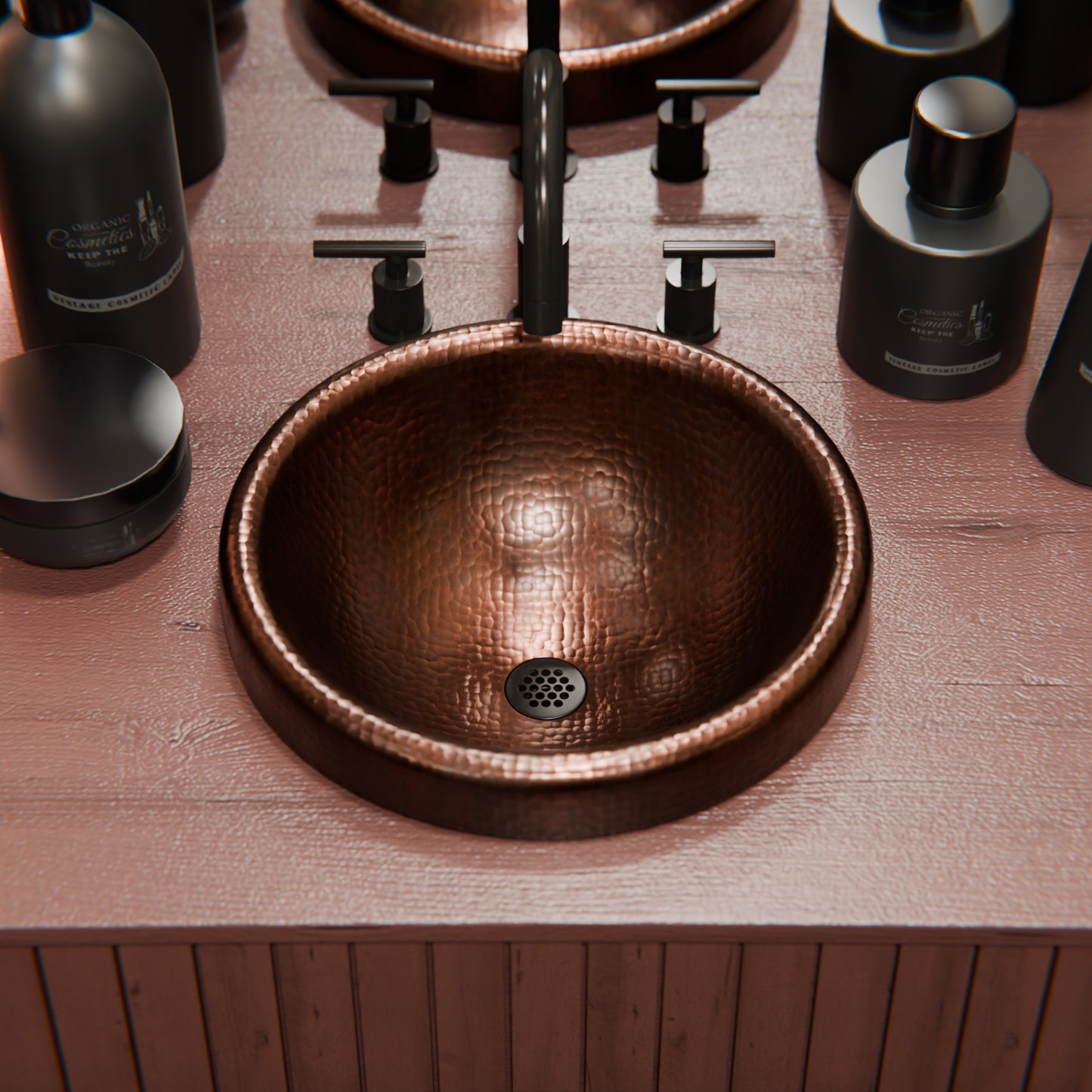 Round copper drop-in bathroom sink by Novatto with antique finish, traditional style, featuring a smooth, polished surface.