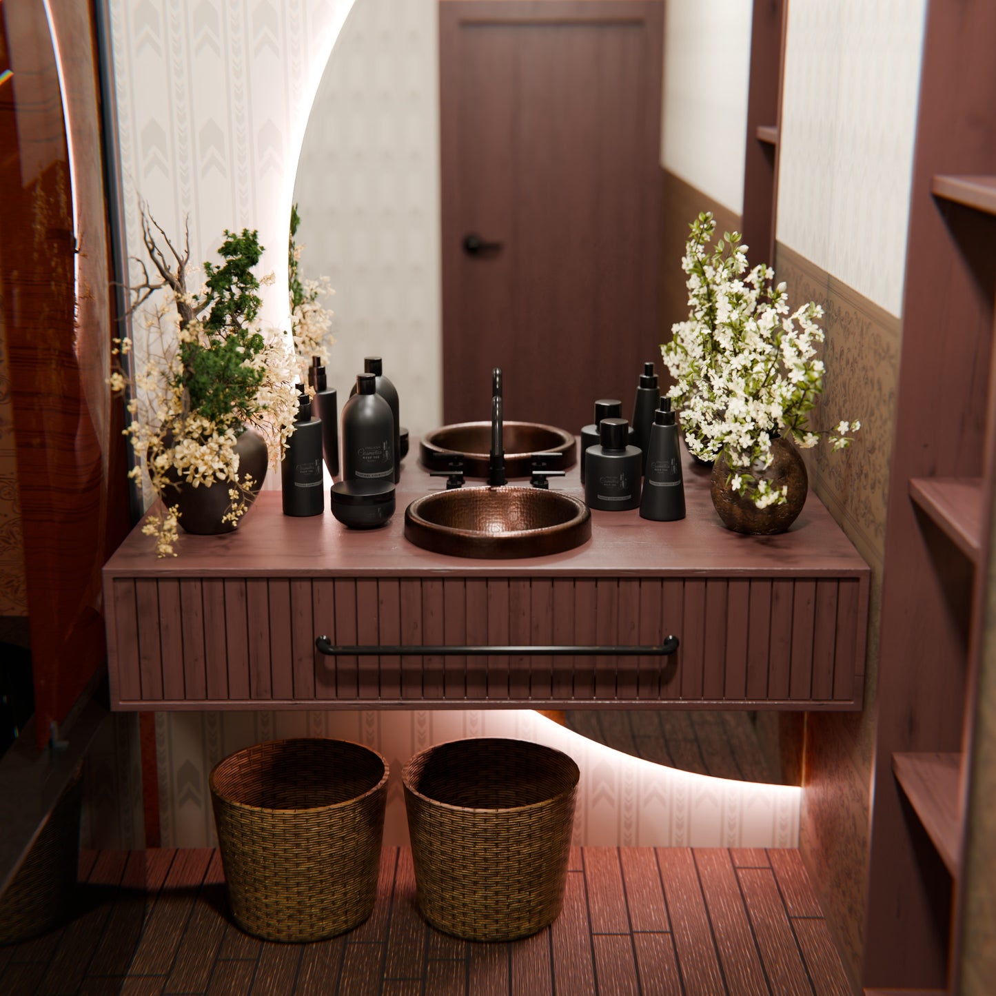 Round copper drop-in bathroom sink in antique finish by Novatto, showcasing a traditional design with a smooth, polished surface.