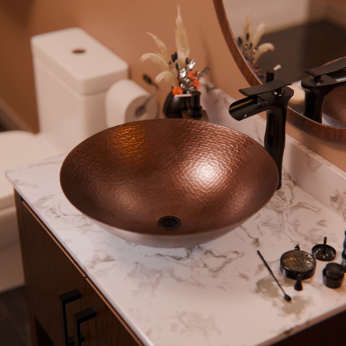 Round Hammered Copper Vessel Sink in Antique TCV-002AN