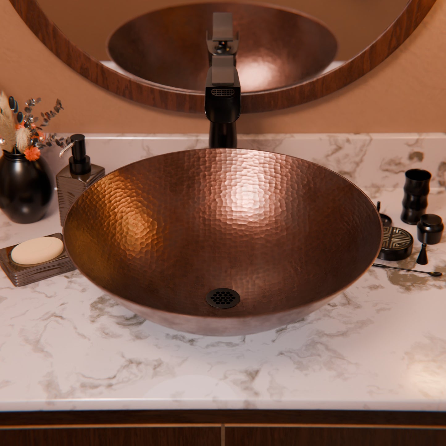 Round Hammered Copper Vessel Sink in Antique TCV-002AN