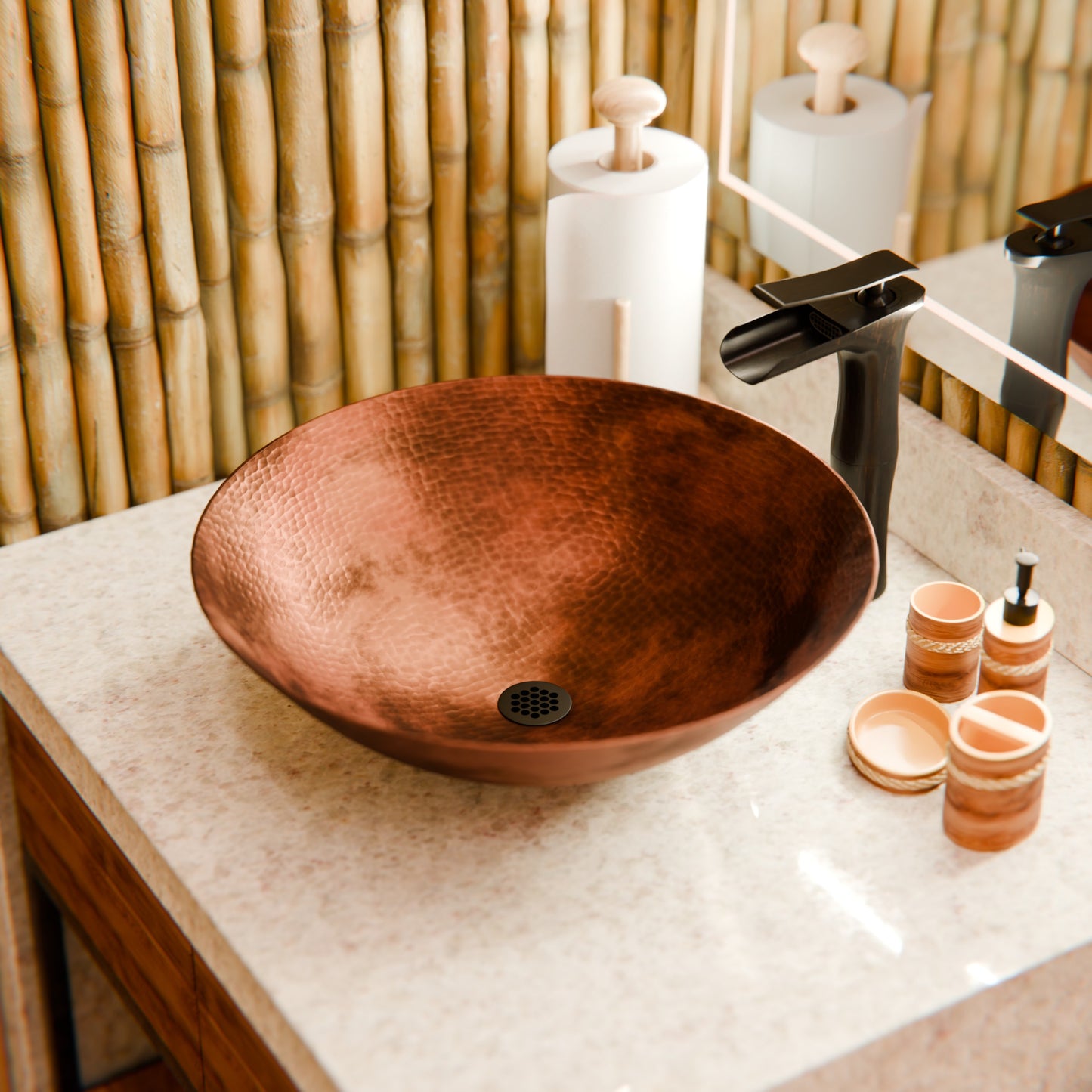 Round Hammered Copper Vessel Sink in Natural TCV-002NA