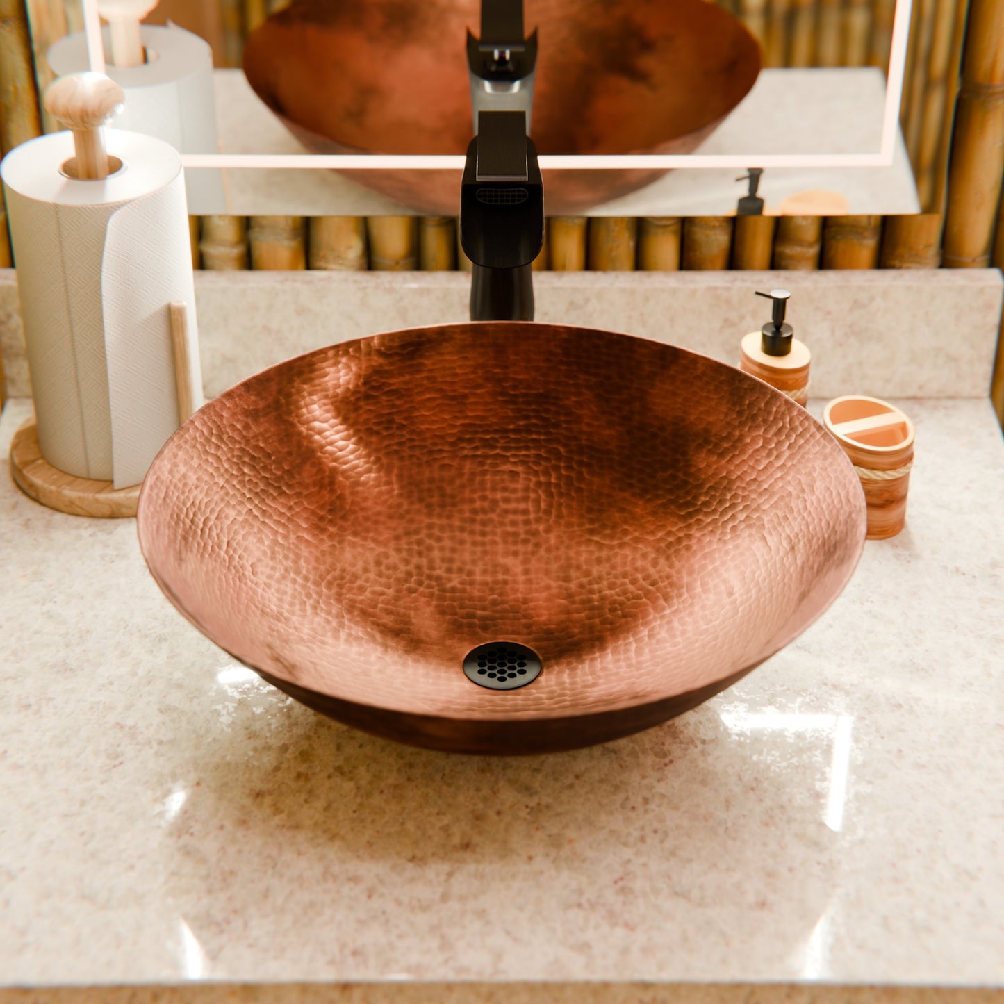 Round Hammered Copper Vessel Sink in Natural TCV-002NA