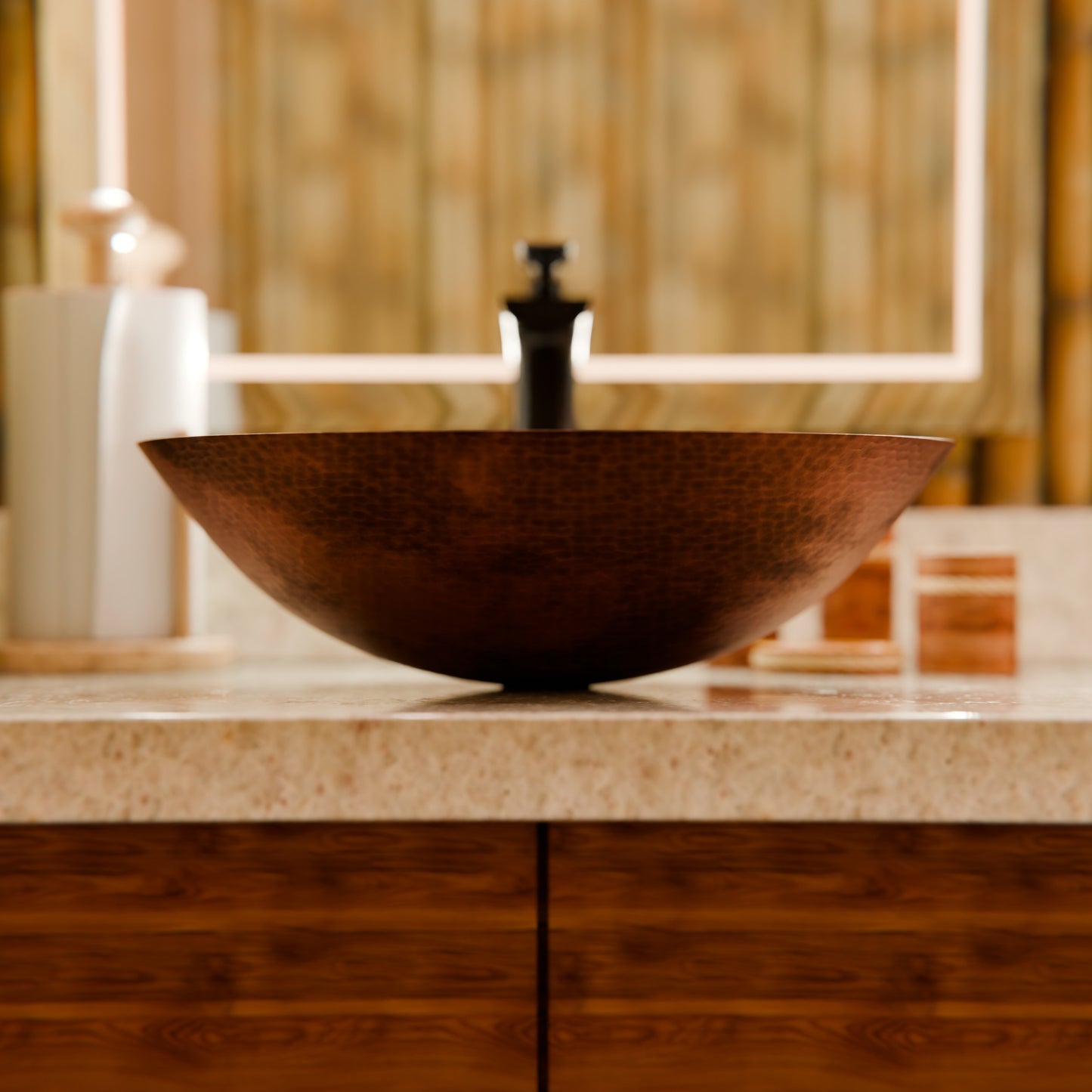 Round Hammered Copper Vessel Sink in Natural TCV-002NA