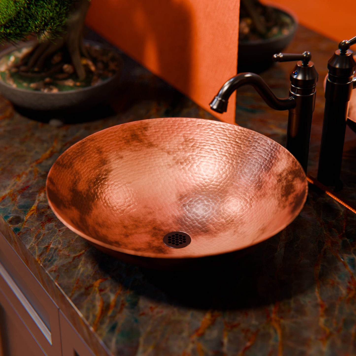 Round Hammered Copper Vessel Sink in Natural TCV-002NA