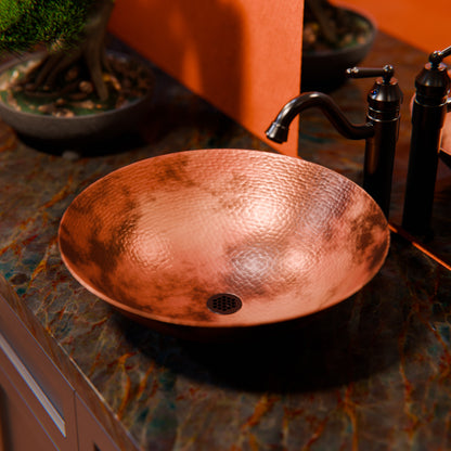 Round Hammered Copper Vessel Sink in Natural TCV-002NA