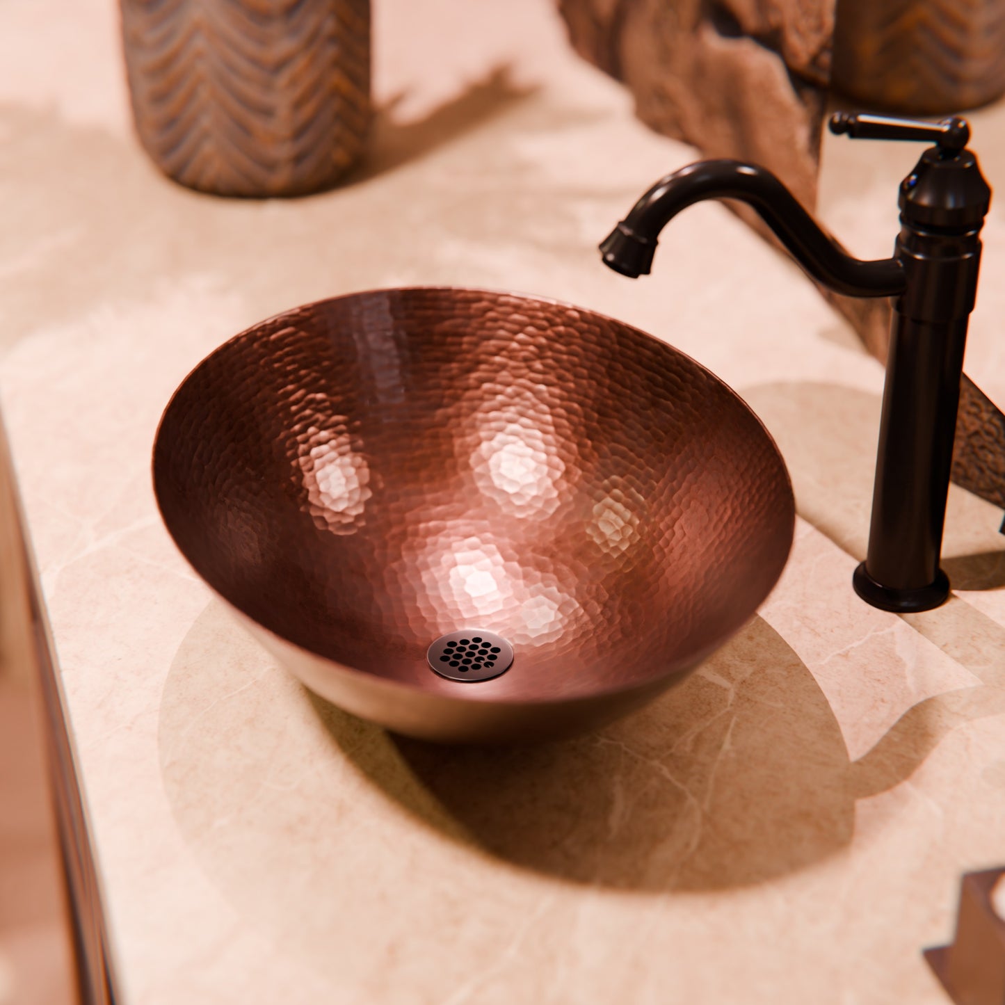 Oval hammered copper vessel bath sink in antique finish, traditional bathroom fixture by Novatto, shown in stone texture.