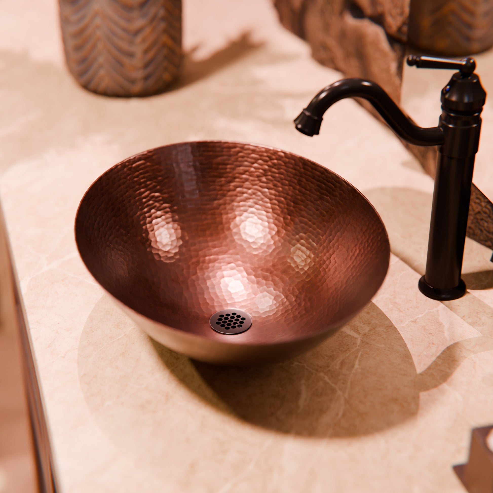 Oval hammered copper vessel bath sink in antique finish, traditional bathroom fixture by Novatto, shown in stone texture.