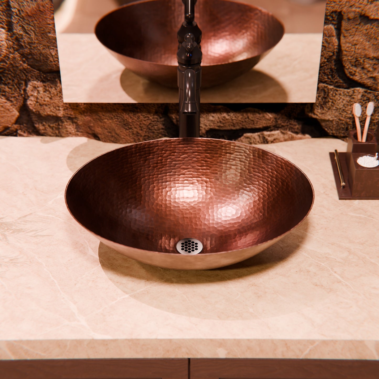 Oval hammered copper vessel bath sink in antique finish, traditional bathroom style by Novatto.