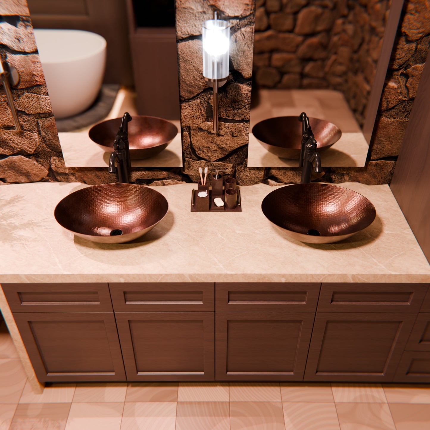 Oval hammered copper vessel bath sink by Novatto, traditional antique copper bathroom sink with textured finish.