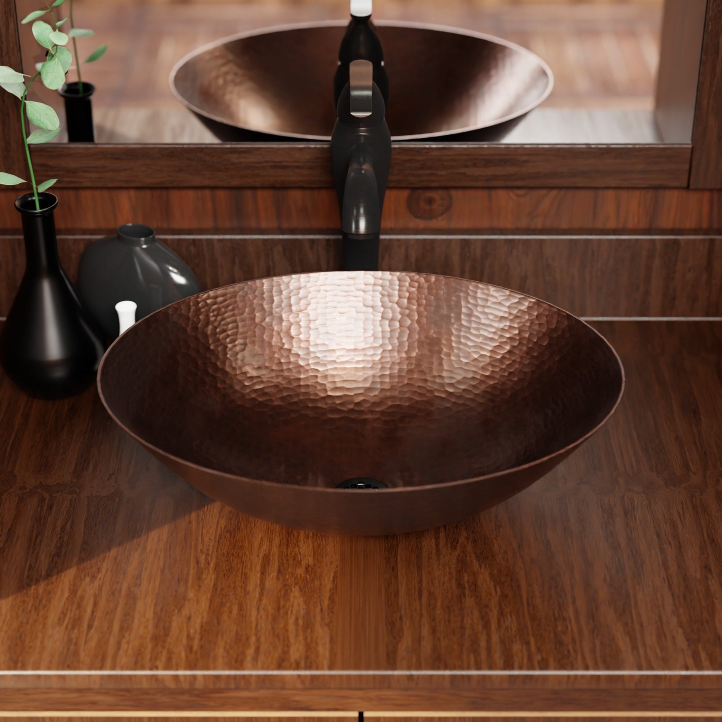 Oval hammered copper vessel bath sink in antique finish by Novatto, showcasing its elegant traditional design and textured surface.