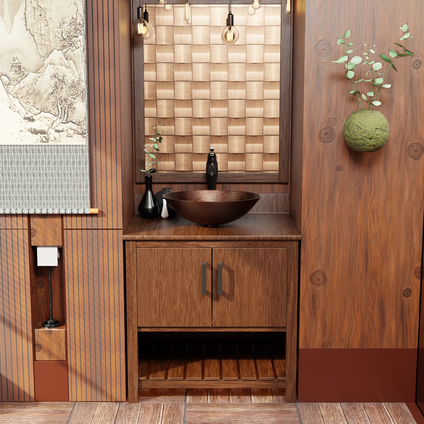 Traditional oval hammered copper vessel bath sink by Novatto, with antique finish and wooden base, shown in a bathroom setting.