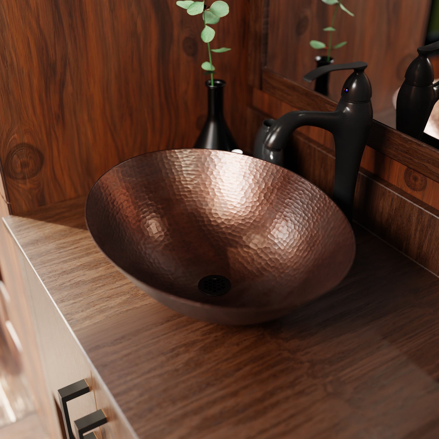 Oval hammered copper vessel bath sink by Novatto, traditional antique copper bathroom sink with a textured finish.