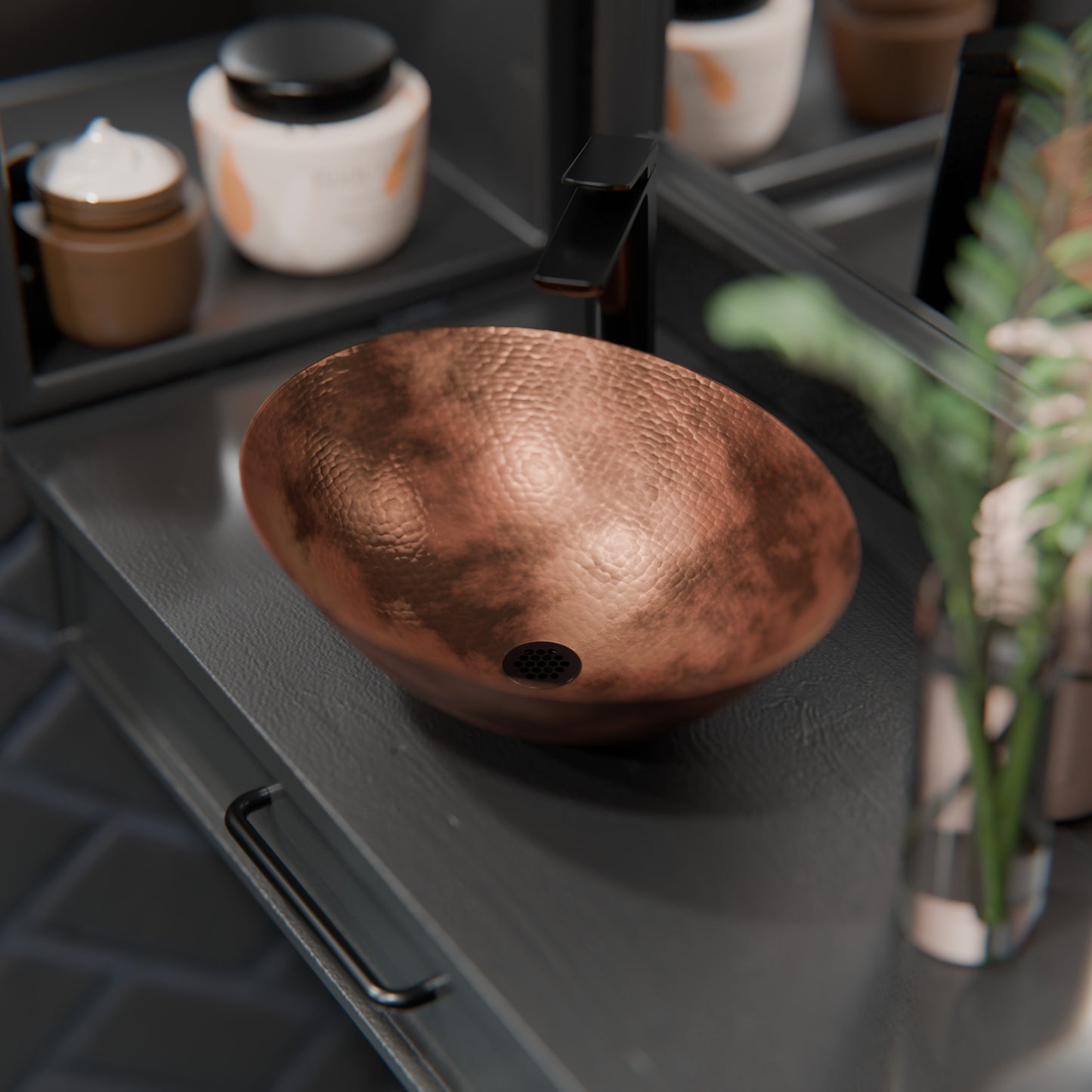 Oval Hammered Copper Vessel Bath Sink in Natural TCV-003NA