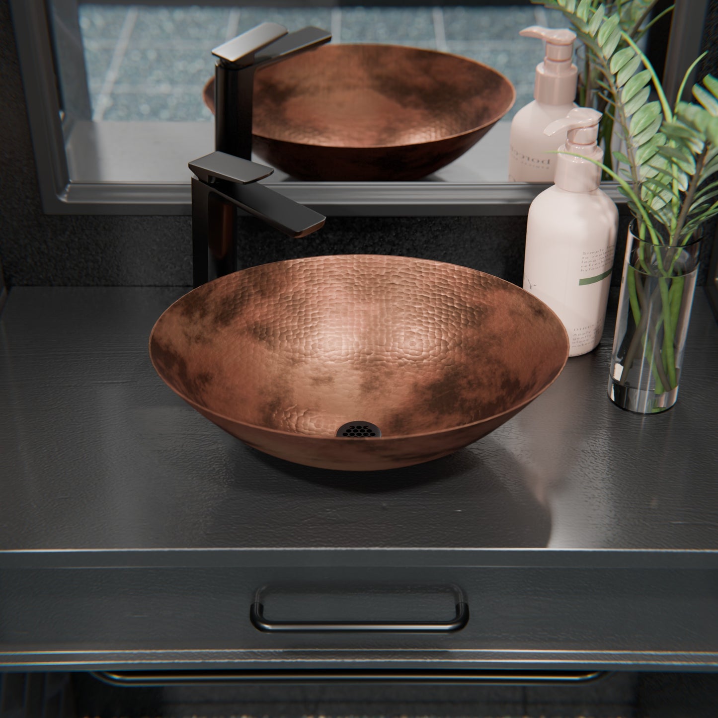 Oval Hammered Copper Vessel Bath Sink in Natural TCV-003NA