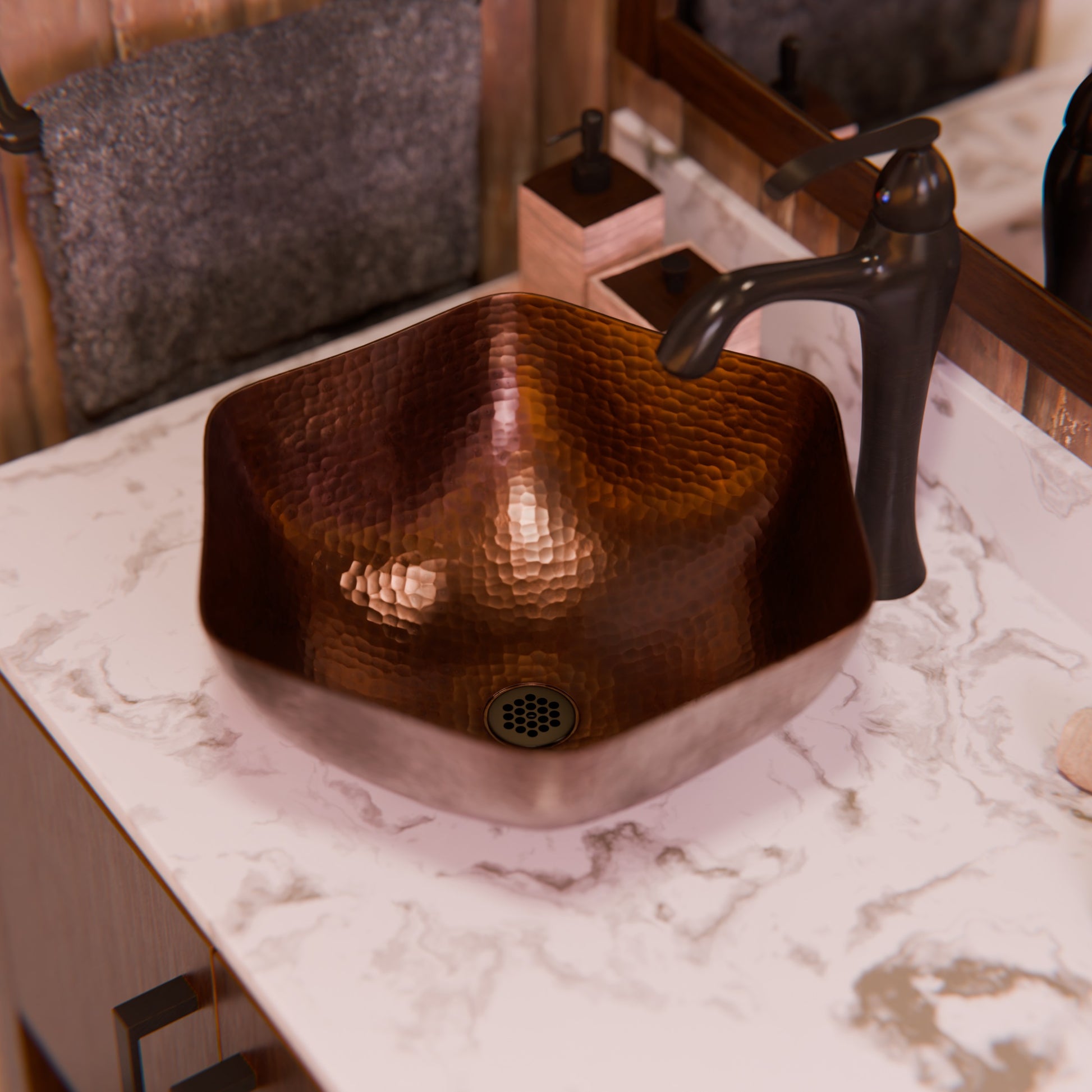 Traditional hammered copper vessel sink with scalloped edges in antique finish, designed for bathroom use by Novatto.