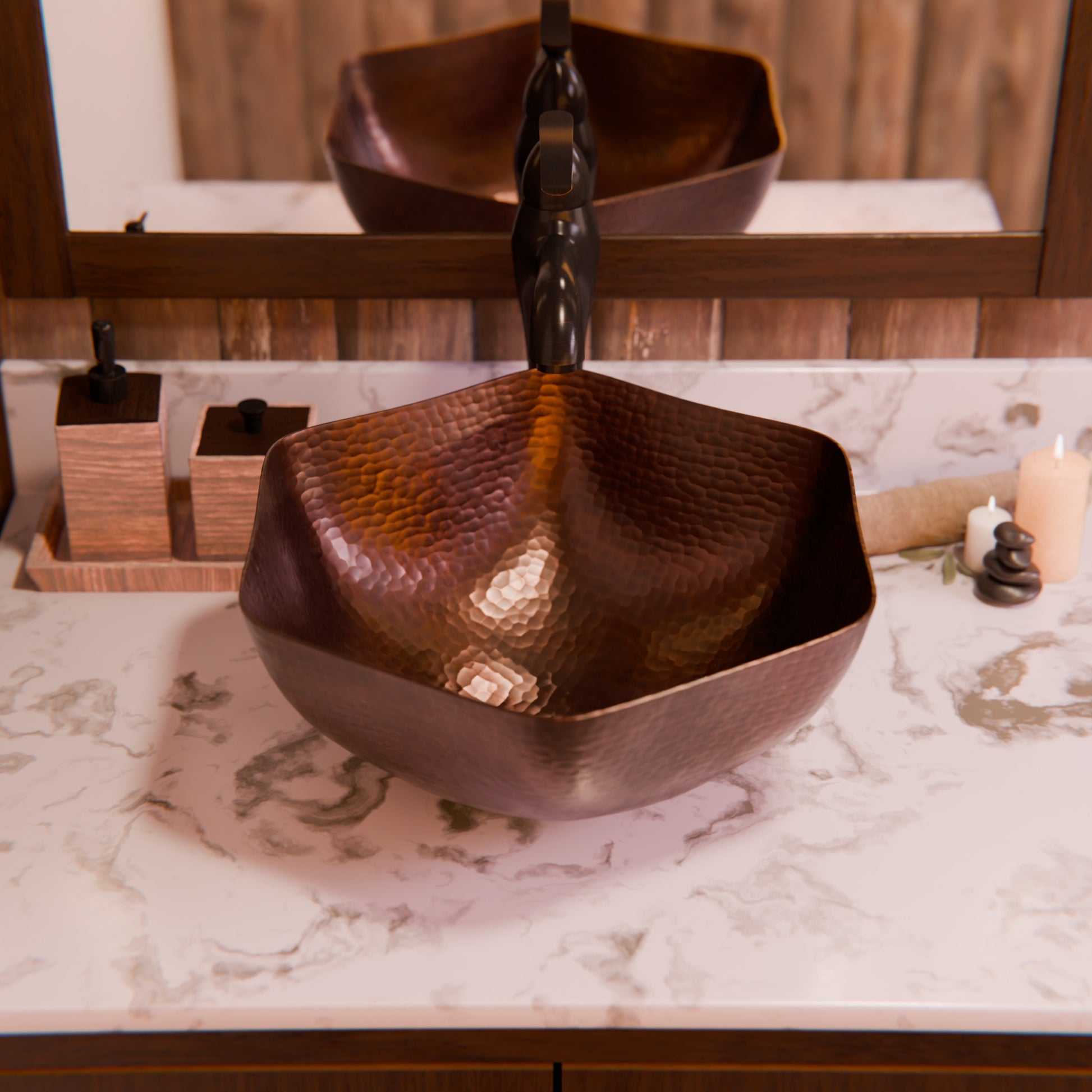 Traditional hammered copper vessel sink with scalloped edges in antique finish, designed for bathroom use by Novatto.