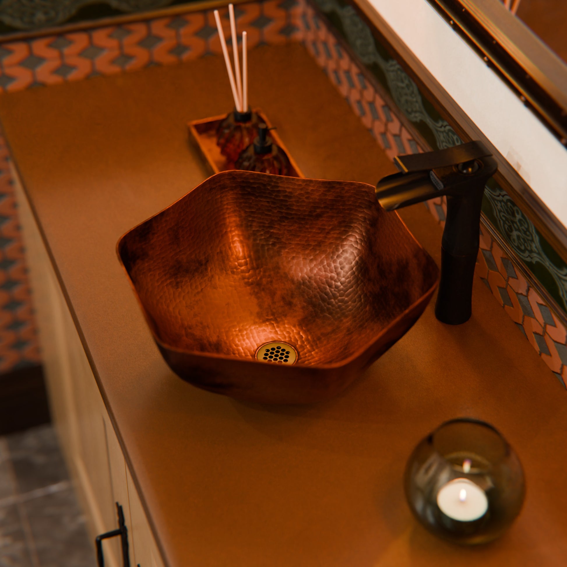 Traditional hammered copper vessel sink with scalloped edges, antique finish, by Novatto, ideal for elegant bathroom decor.