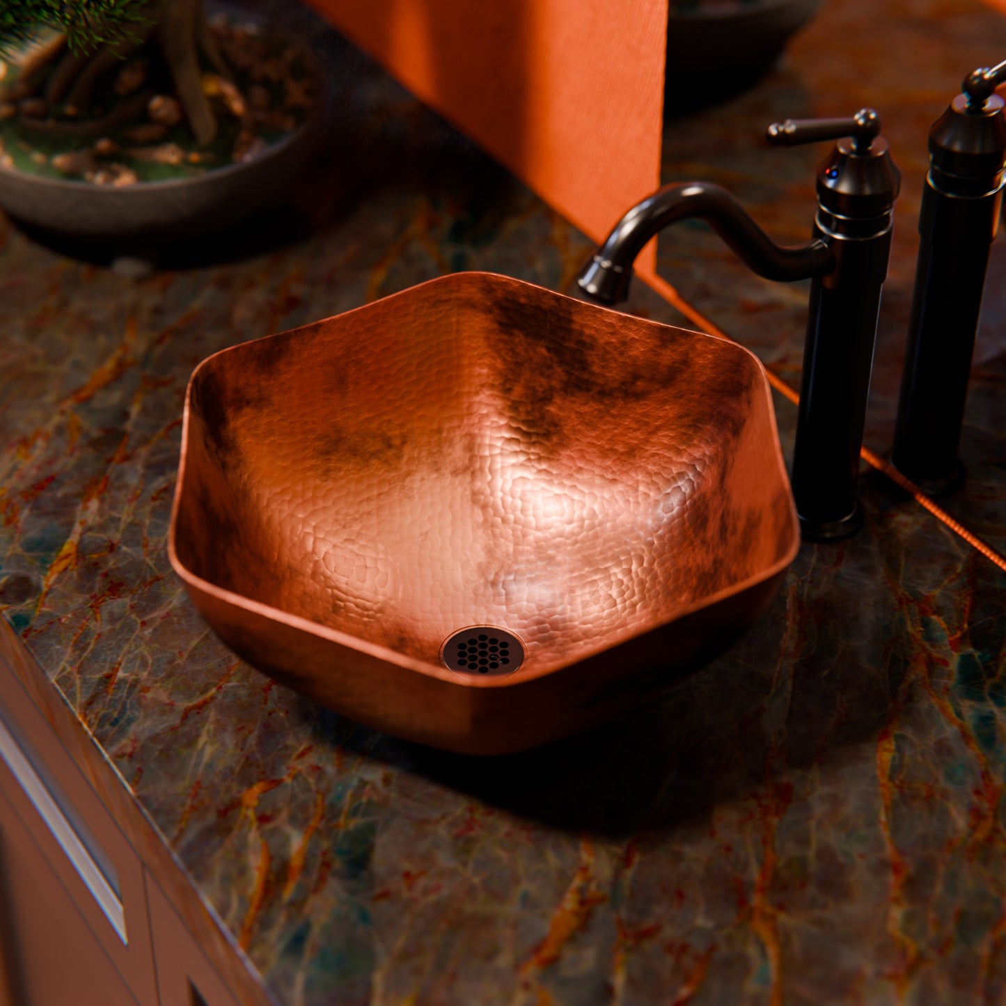Traditional hammered copper vessel sink with scalloped edges in antique finish by Novatto, designed for bathroom use.
