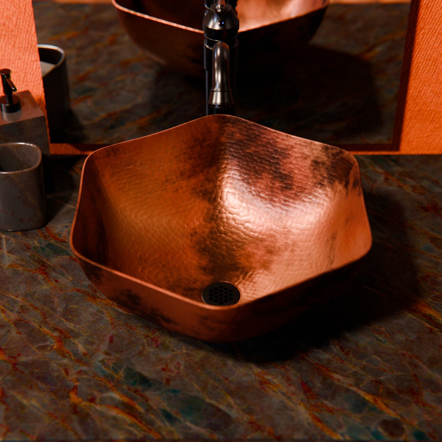 Traditional hammered copper vessel sink with scalloped edges in antique finish, designed for bathroom use by Novatto.