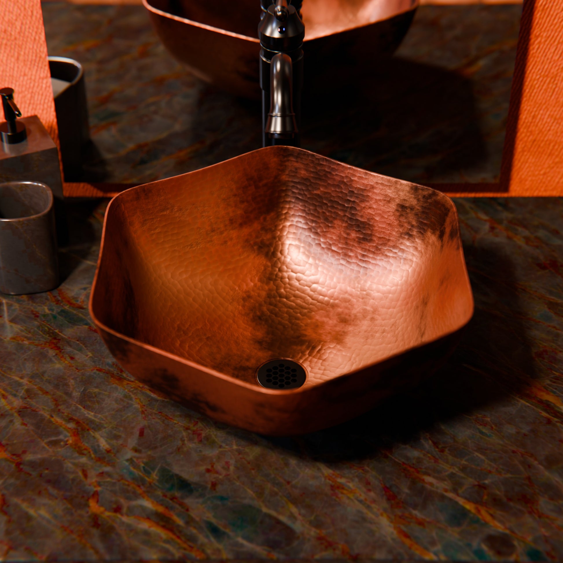 Traditional hammered copper vessel sink with scalloped edges in antique finish, designed for bathroom use by Novatto.