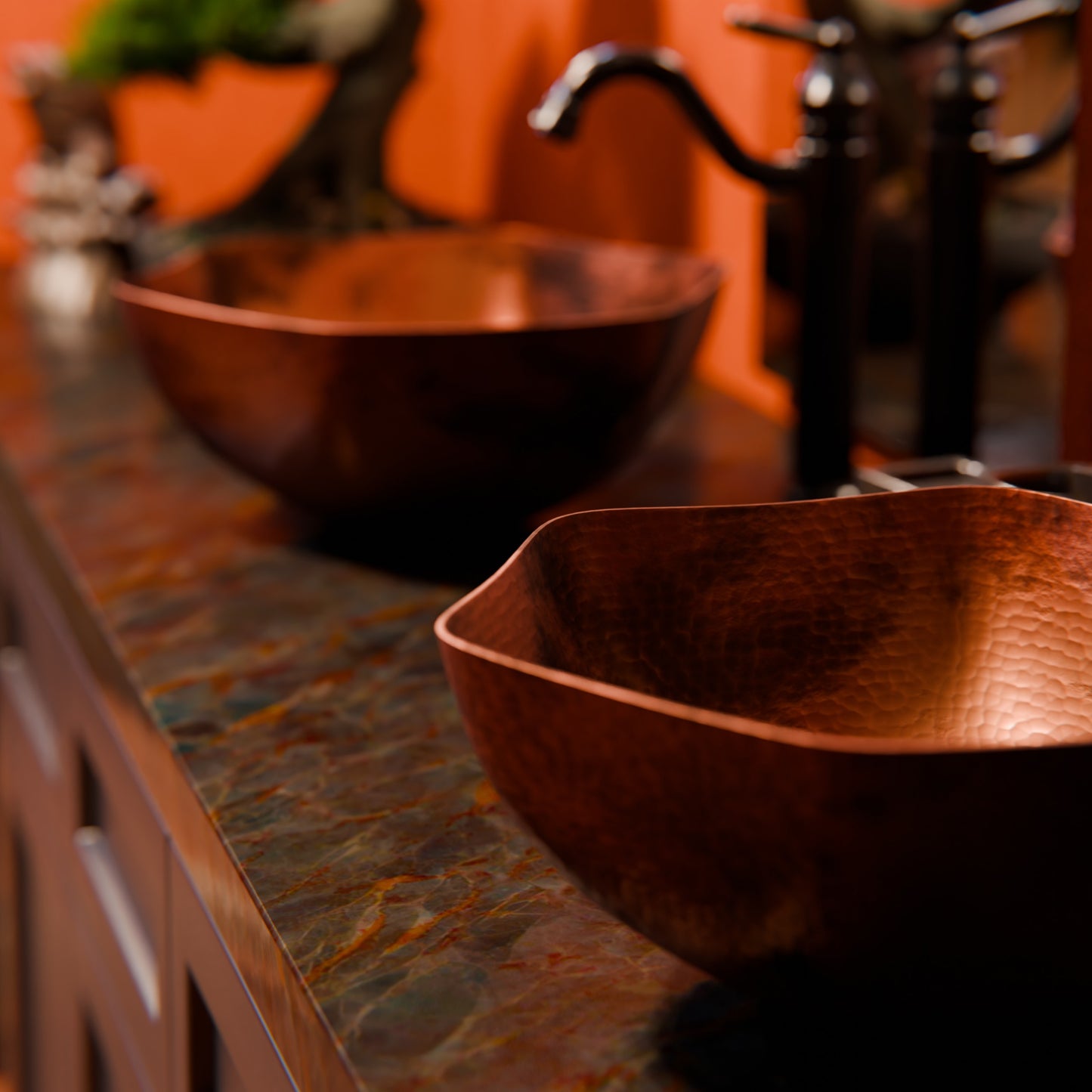 Traditional hammered copper vessel sink with scalloped edges in antique finish by Novatto, designed for bathroom use.