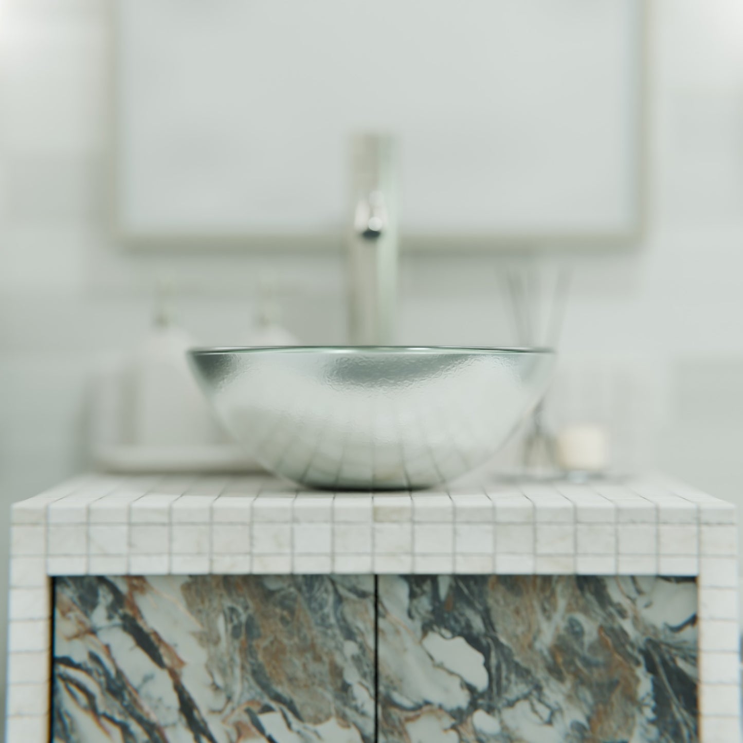 Mini 12-inch silver foiled round glass vessel bathroom sink by Novatto, modern design with sleek silver finish.