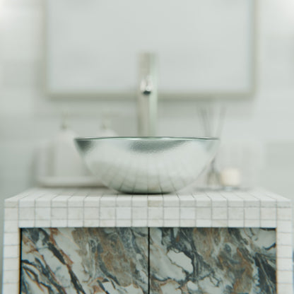 Mini 12-inch silver foiled round glass vessel bathroom sink by Novatto, modern design with sleek silver finish.