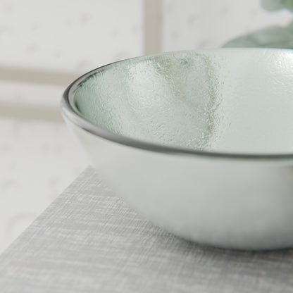Silver foiled round glass vessel sink by Novatto, modern 12-inch bathroom sink with sleek glass design.