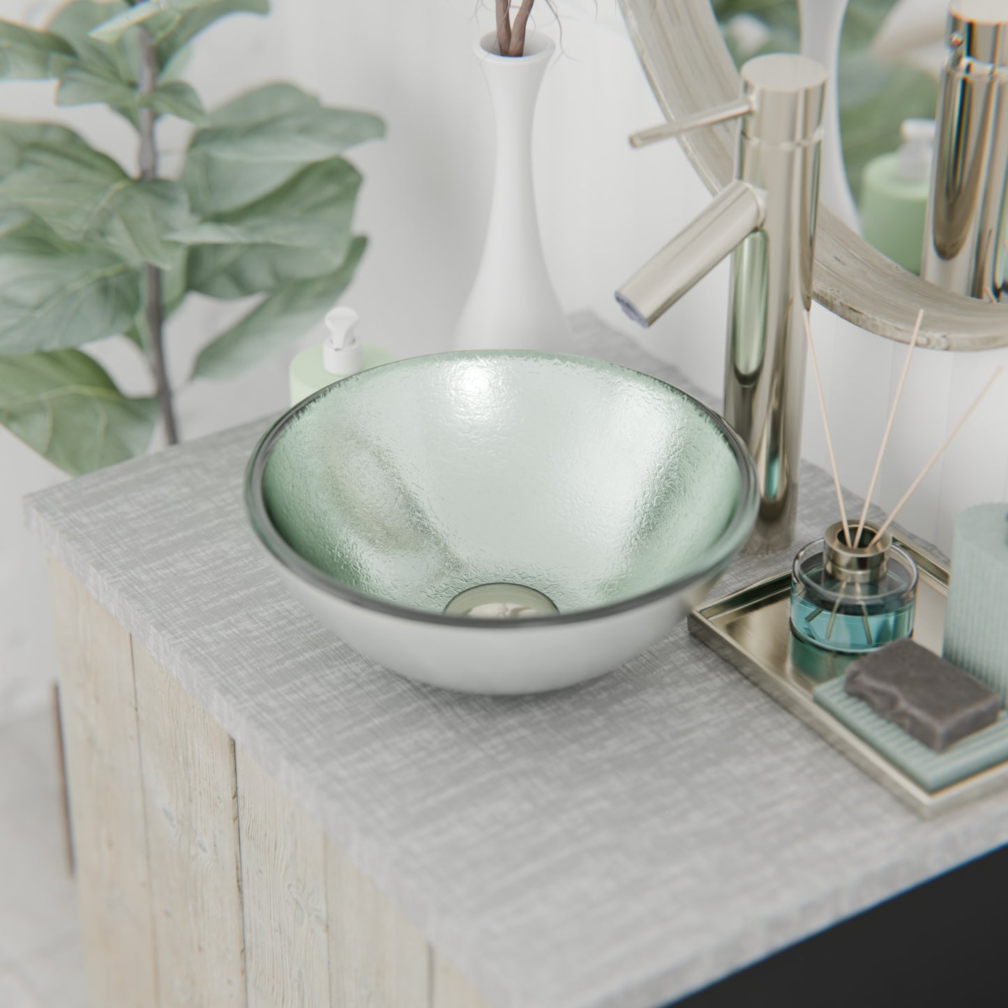 Mini 12-inch silver foiled round glass vessel bathroom sink by Novatto, modern design with sleek silver finish.