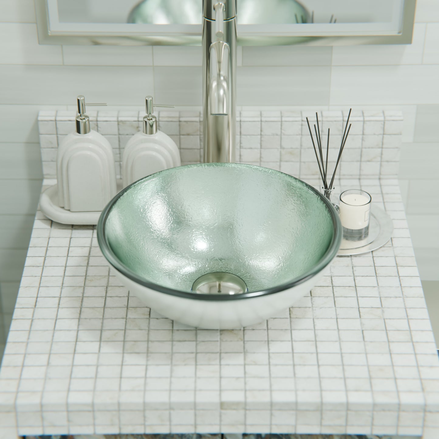 Mini 12-inch silver foiled round glass vessel bathroom sink by Novatto, modern design with a sleek glass finish.