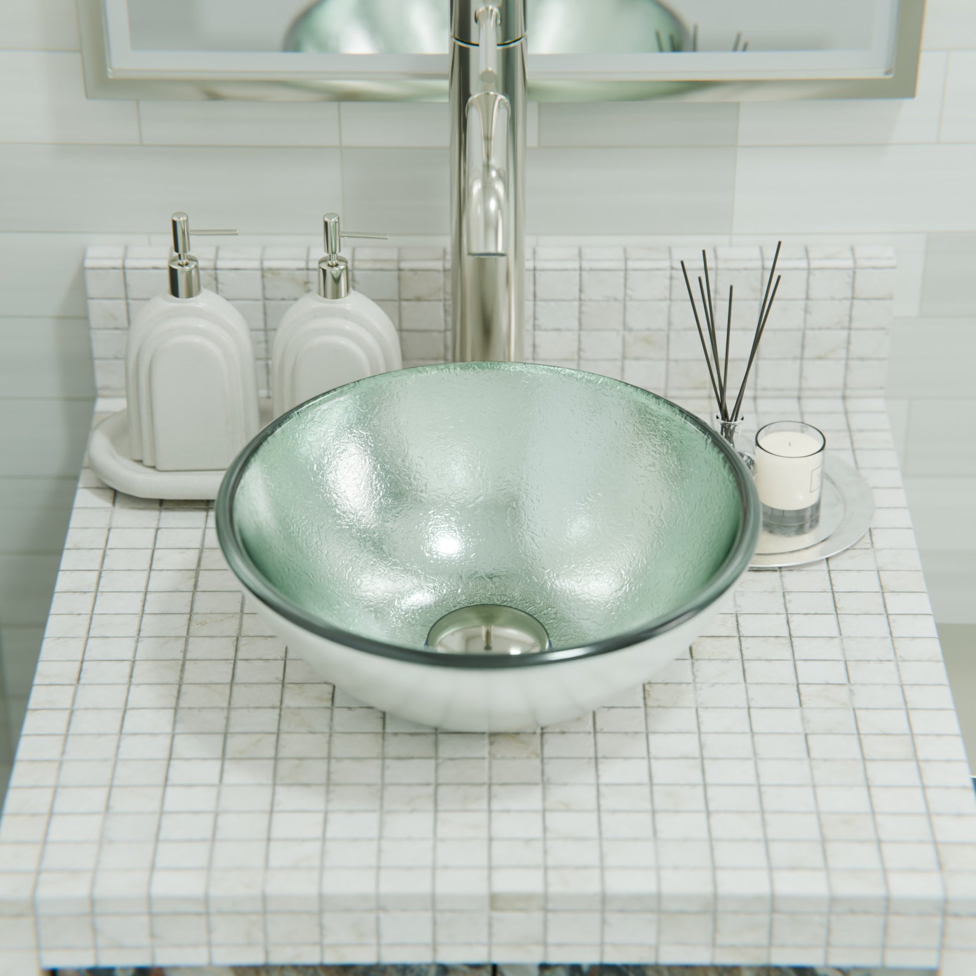 Mini 12-inch silver foiled round glass vessel bathroom sink by Novatto, modern design with a sleek glass finish.