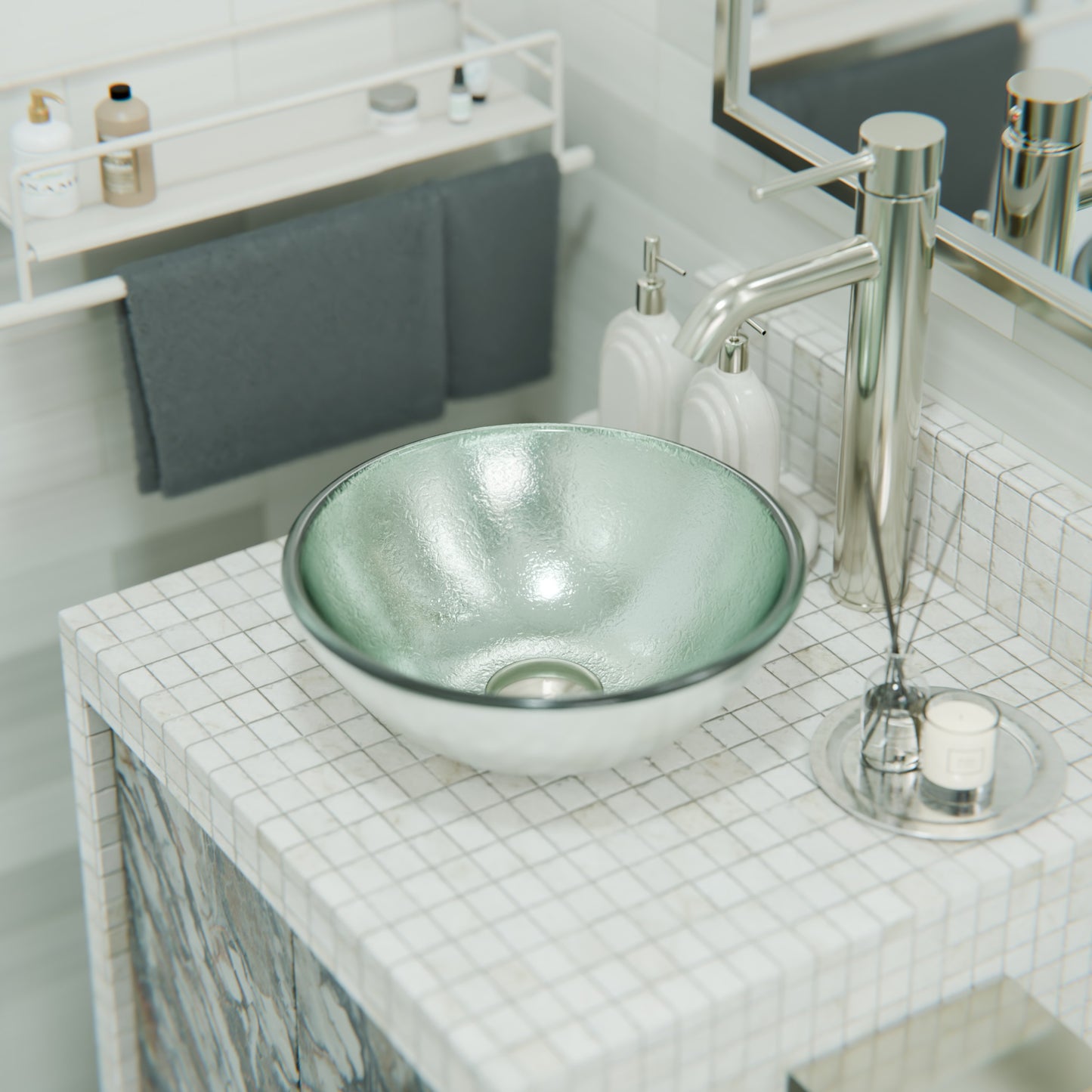 Mini 12-inch silver foiled round glass vessel bathroom sink by Novatto, modern design with sleek round shape.