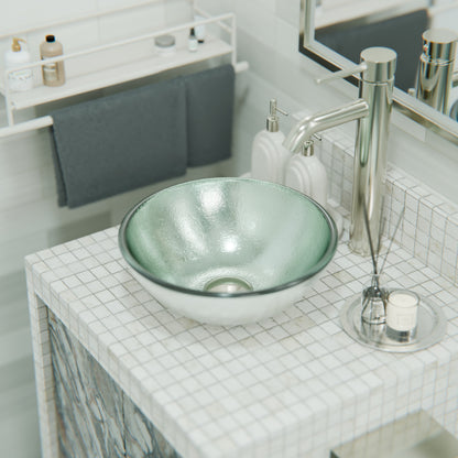 Mini 12-inch silver foiled round glass vessel bathroom sink by Novatto, modern design with sleek round shape.
