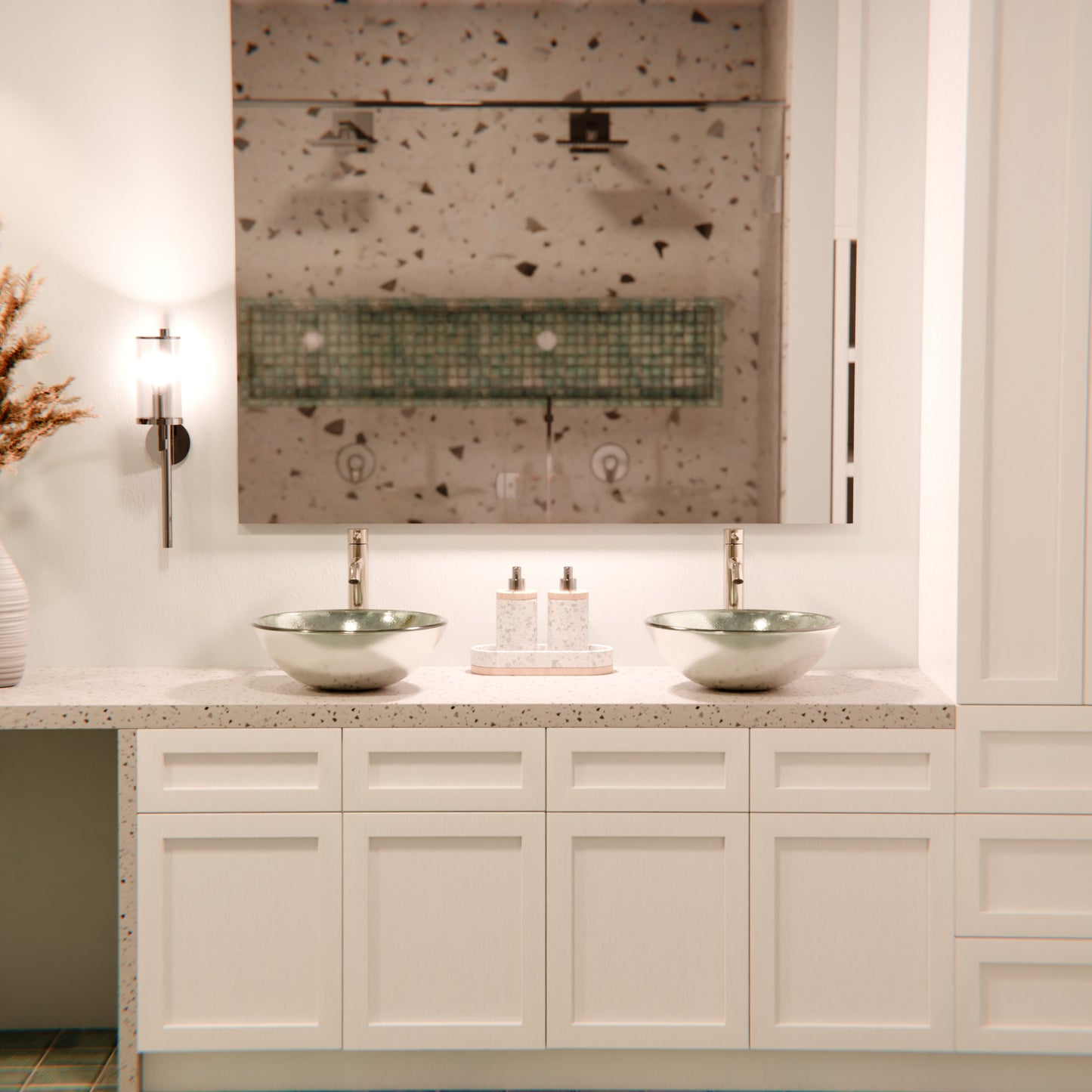 Silver foiled round tempered glass vessel bathroom sink by Novatto, modern design with sleek, reflective surface.
