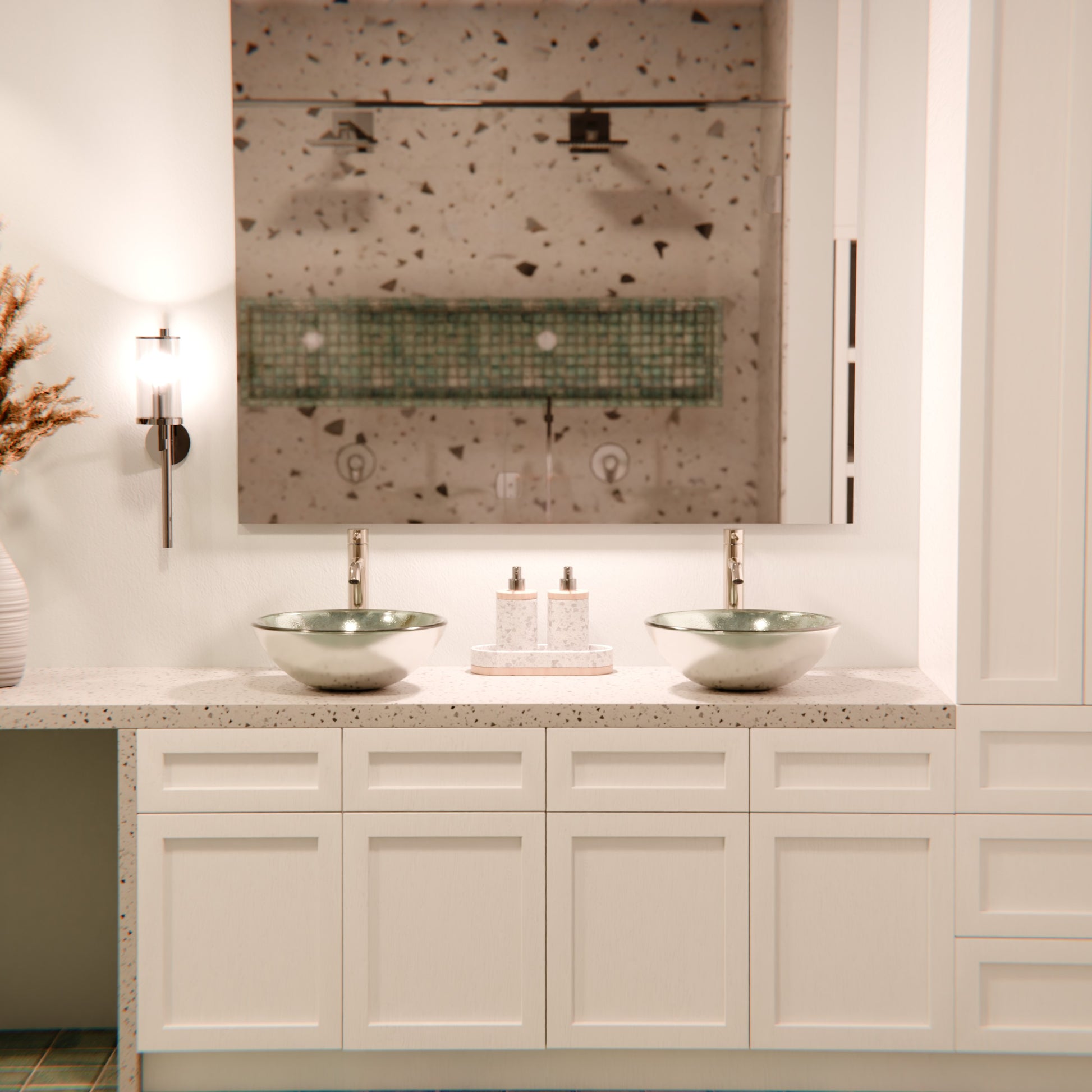 Silver foiled round tempered glass vessel bathroom sink by Novatto, modern design with sleek, reflective surface.