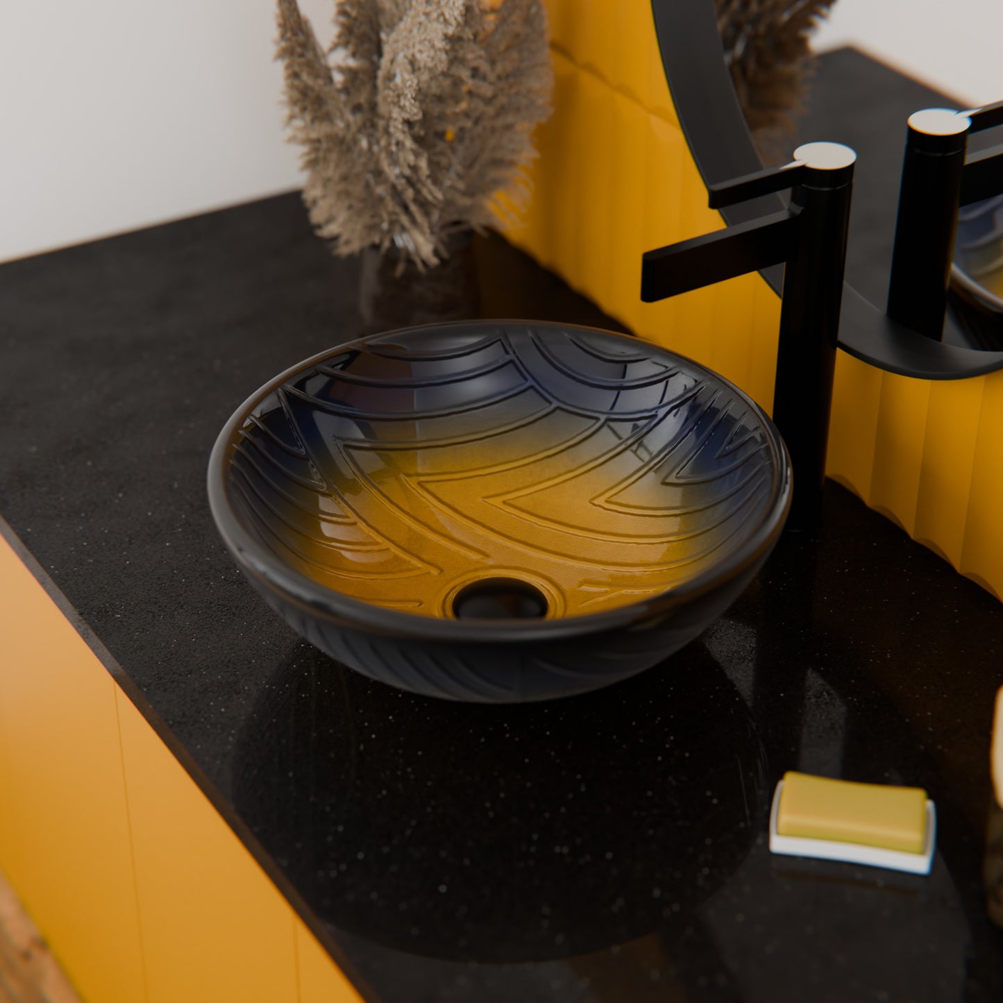 Hand Painted Ombré Navy to Yellow Glass Bathroom Vessel Sink TIG-8123B