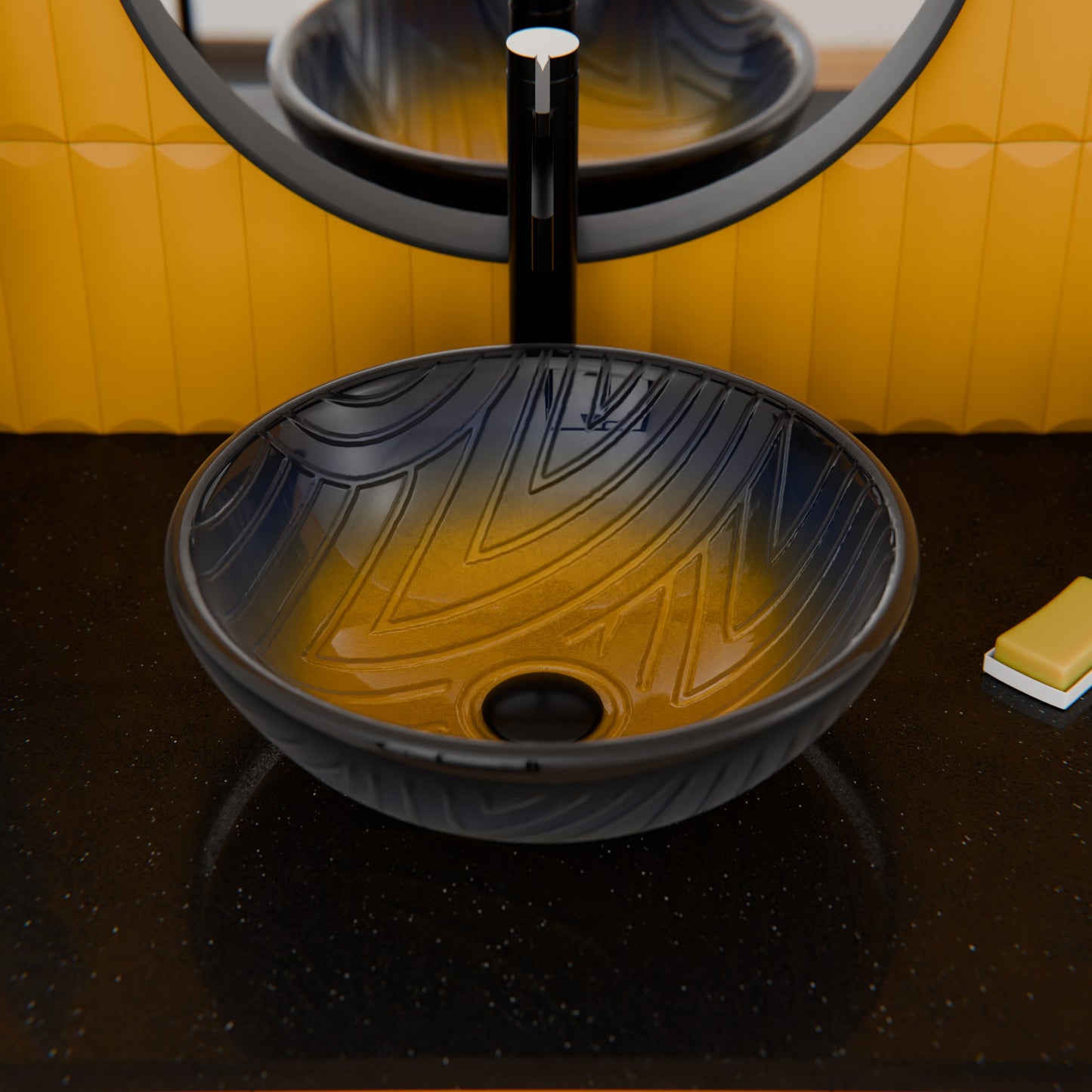 Hand Painted Ombré Navy to Yellow Glass Bathroom Vessel Sink TIG-8123B