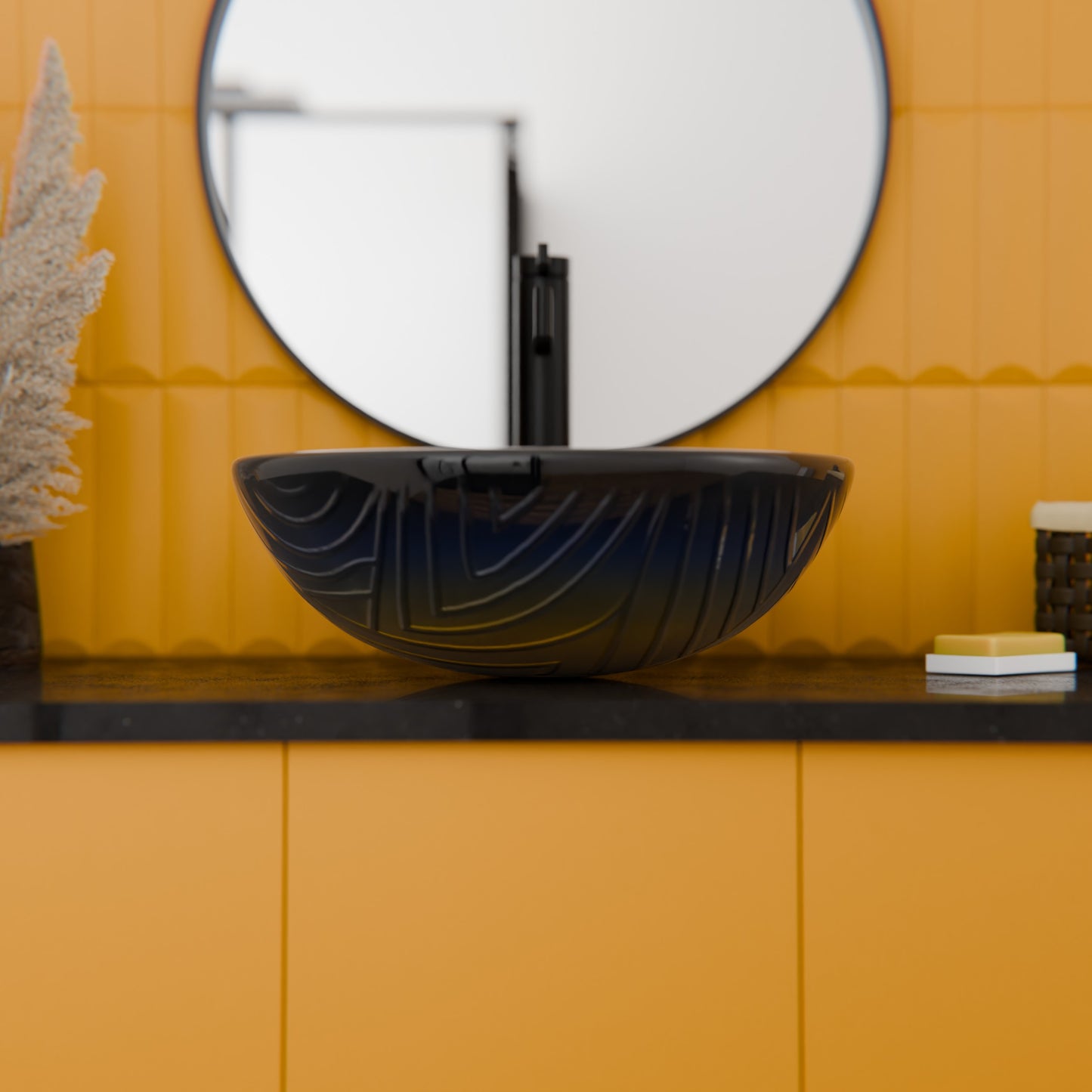 Hand Painted Ombré Navy to Yellow Glass Bathroom Vessel Sink TIG-8123B