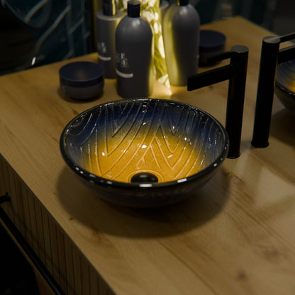 Hand Painted Ombré Navy to Yellow Glass Bathroom Vessel Sink TIG-8123B