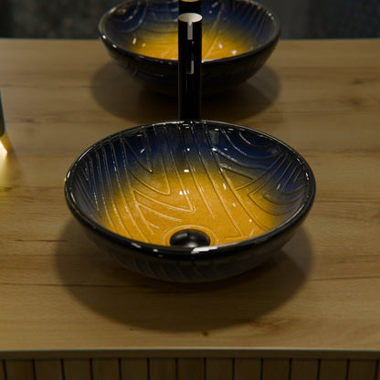 Hand Painted Ombré Navy to Yellow Glass Bathroom Vessel Sink TIG-8123B