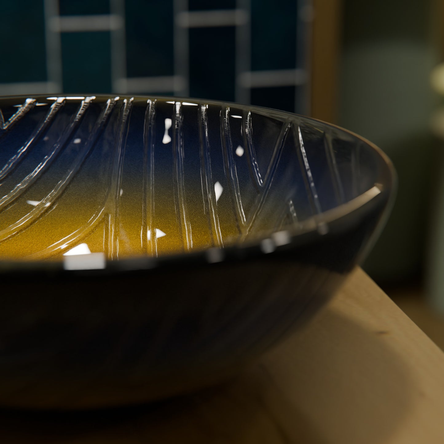 Hand Painted Ombré Navy to Yellow Glass Bathroom Vessel Sink TIG-8123B