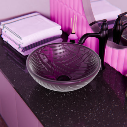 Hand-painted purple glass bathroom vessel sink by Novatto, modern design with smooth, rounded shape and glossy finish.