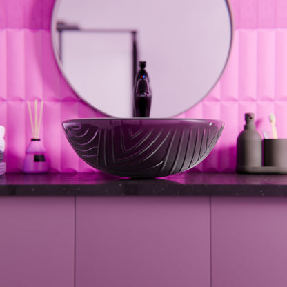 Hand-painted purple glass modern bathroom vessel sink by Novatto, featuring a smooth, curved design for stylish bathroom decor.