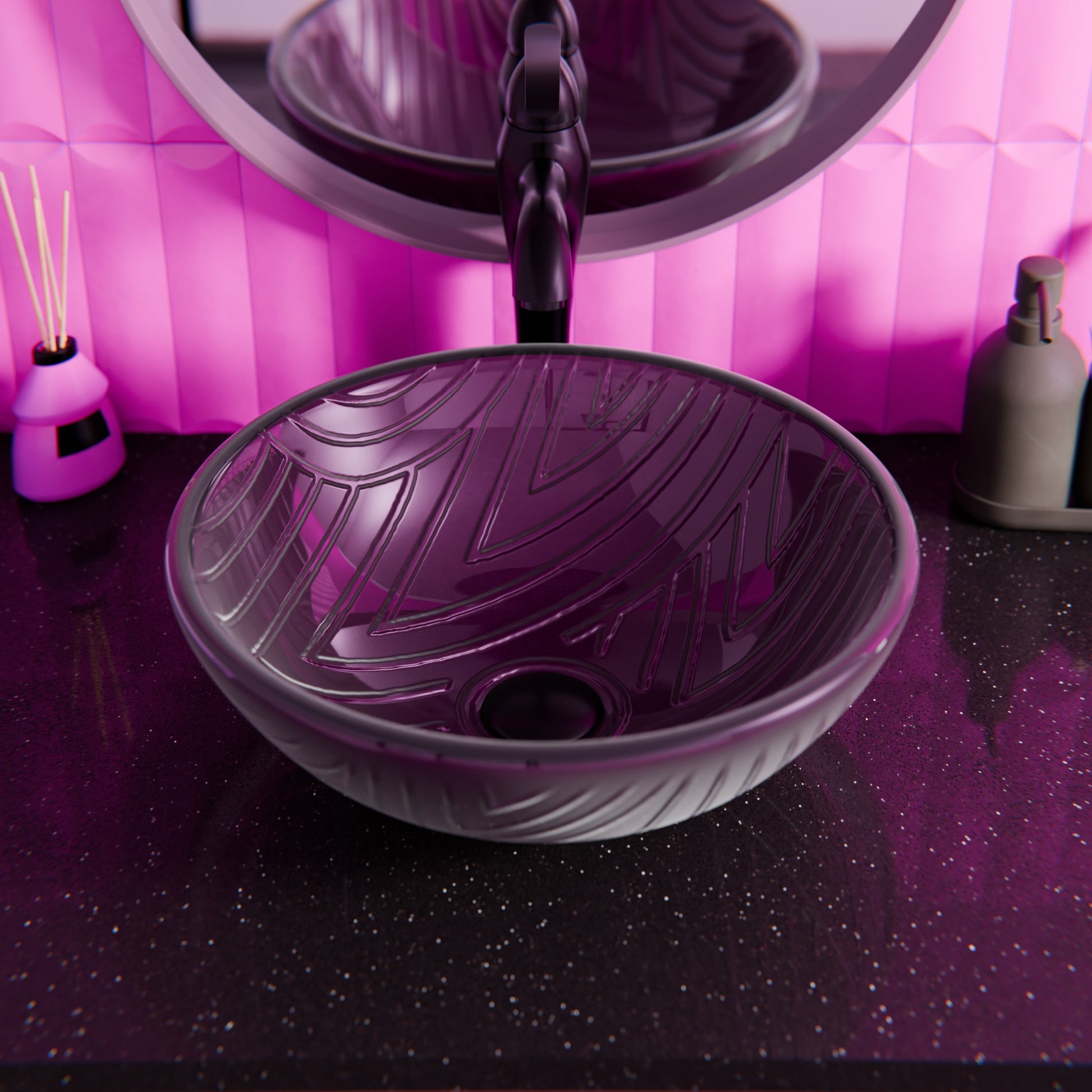 Hand painted purple glass bathroom vessel sink by Novatto, modern design with smooth, glossy surface and artistic purple finish.